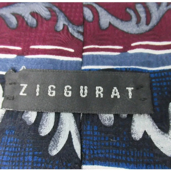 Ziggurat Designer Silk Necktie Tie Blue Red Grey White Made in USA Filigree - Picture 2 of 6